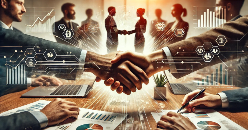 Several businesspeople sit around a table, while two shake hands, showcasing relationship trust.